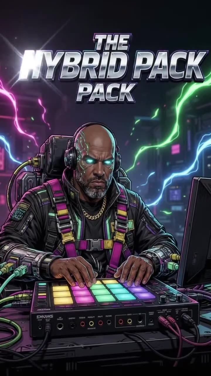 Still from the demo film: The Hybrid Pack — a producer at glowing drum pads in a neon studio
