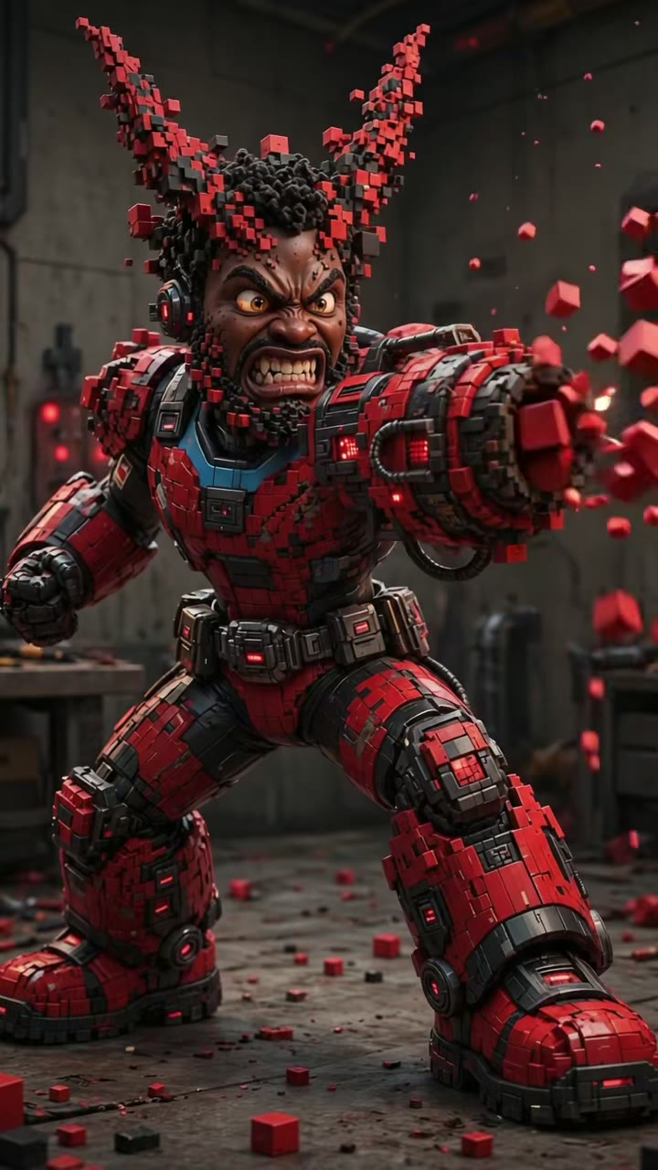 Still from the solo film: Red Alert, the voxel monster, standing alone in the dark